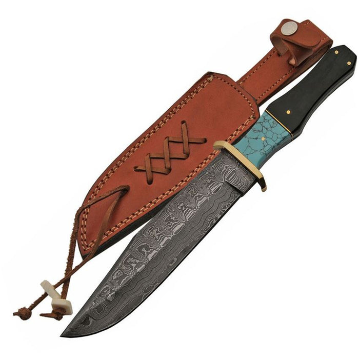Damascus Bowie Knife w/ Horn and Turquoise Handle DM1149