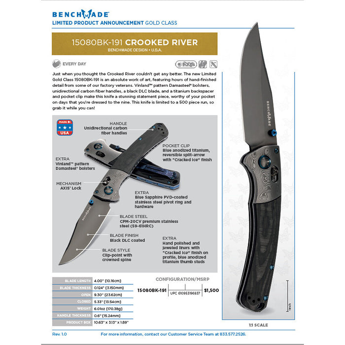 Benchmade LIMITED EDITION Gold Class Crooked River AXIS Lock Knife Carbon Fiber (4" Black DLC) 15080BK-191