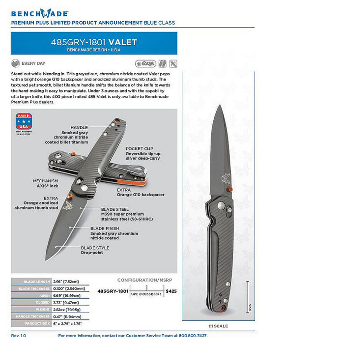 Benchmade Valet Limited Edition AXIS Lock Knife Ti (2.96" Gray) 485GRY-1801