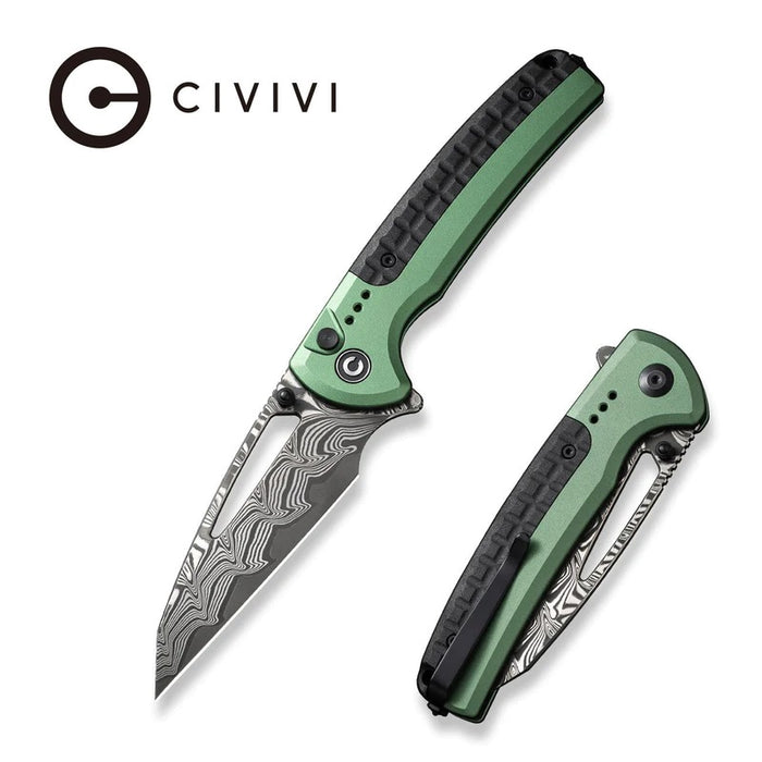 CIVIVI Sentinel Strike Button Lock Knife Green Alum (3.7" Damascus) C22025B-DS1