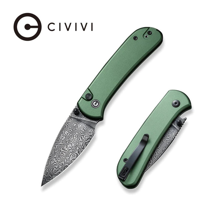 CIVIVI Qubit Button Lock Knife Green Aluminum (2.98" Damascus) C22030E-DS1