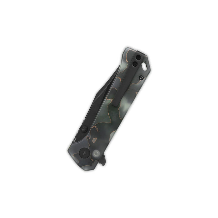 QSP Grebe Button Lock Knife Black Camo Resin S35V (3" Black SW) QS147-E2