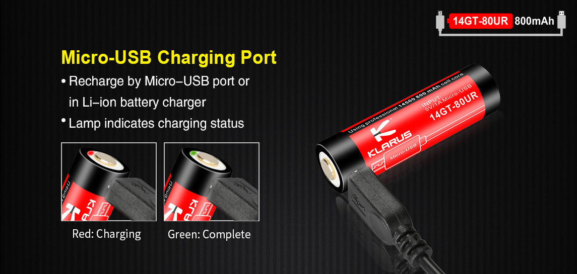 Klarus 800 mAh Rechargeable Li-ion Battery w/ Micro USB Charging Port 14GT-80UR