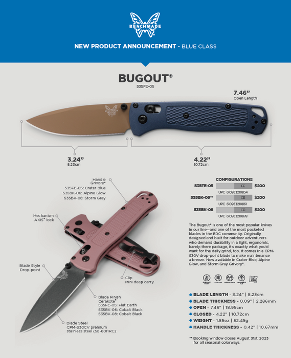 Benchmade Bugout AXIS Lock Knife Crater Blue (3.24" Dark Earth) 535FE-05