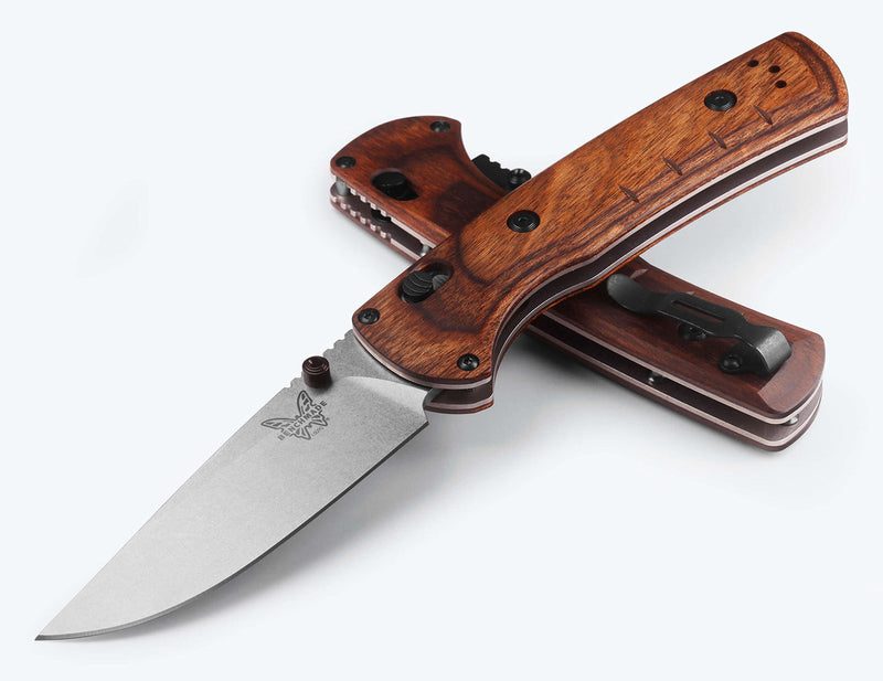 Benchmade Hunt SlipRidge AXIS/Crossbar Folding Knife Modified Clip Point Blade Dark Brown Stabilized Wood (3.5", SW, MagnaCut) 15090