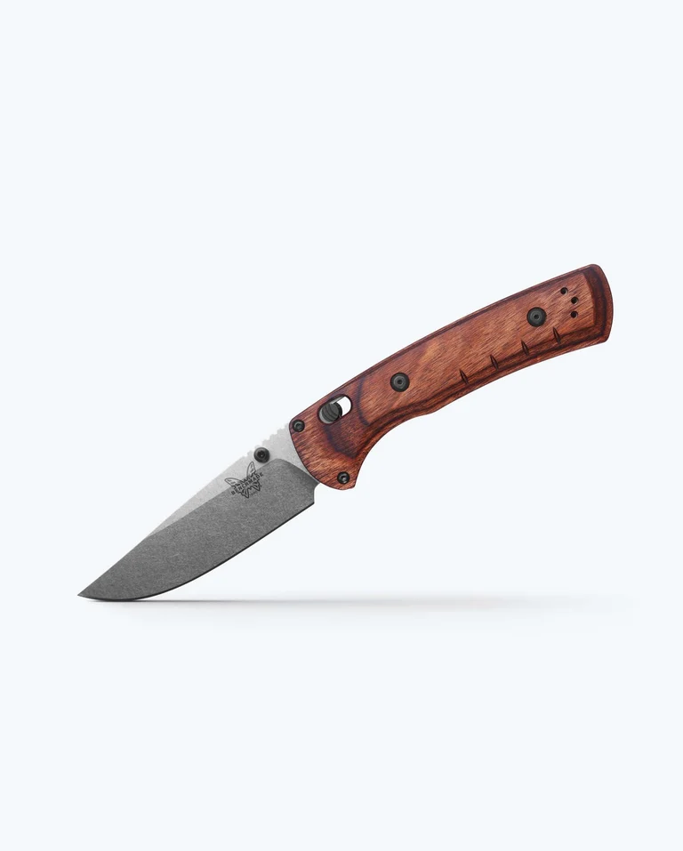 Benchmade Hunt SlipRidge AXIS/Crossbar Folding Knife Modified Clip Point Blade Dark Brown Stabilized Wood (3.5", SW, MagnaCut) 15090