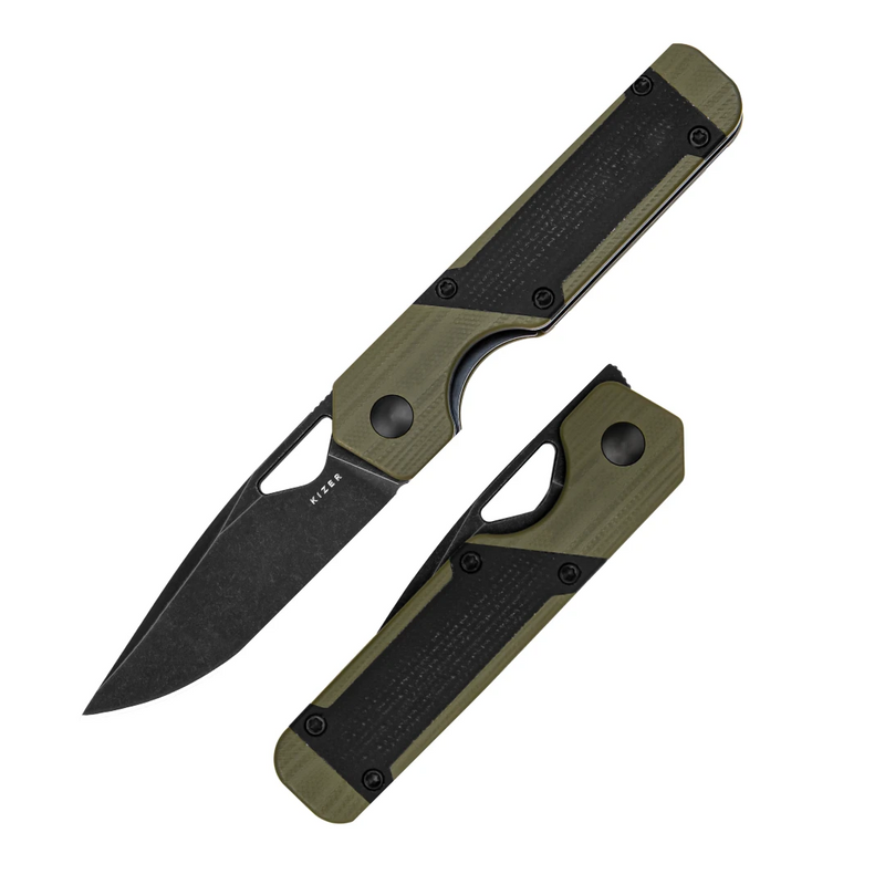 Kizer Mini Militaw Liner Lock Knife Green G-10 Black Micarta (2.82", Black, Nitro-V) V3634SA5