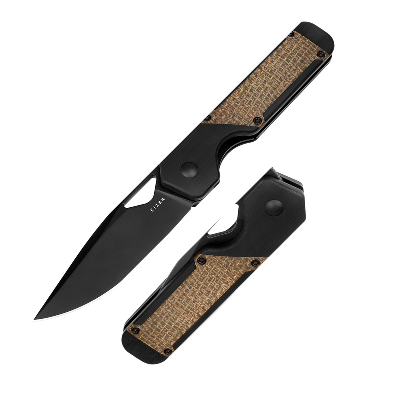 Kizer Militaw Liner Lock Knife Black G-10 Burlap Micarta (3.36", Black, Nitro-V) 3634A1