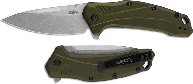 Kershaw Link Drop Point Knife Olive Aluminum (3.25" Stonewash 20CV) 1776OLSW