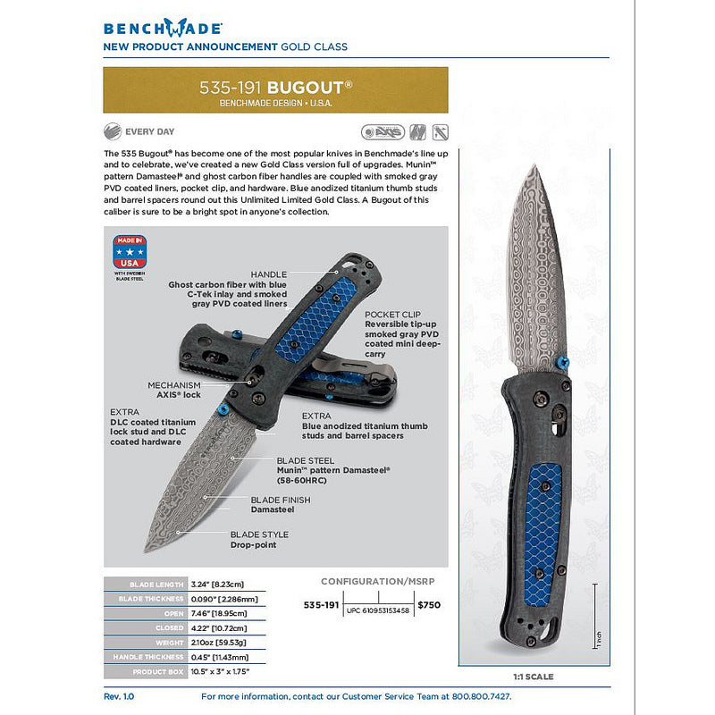 Benchmade Bugout Gold Class AXIS Lock Knife Ghost CF (3.24" Damasteel) 535-191