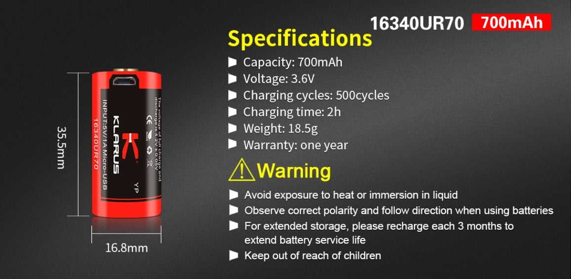 Klarus 700 mAh 16340 Li-ion battery w/ Micro-USB charging port 16340UR70