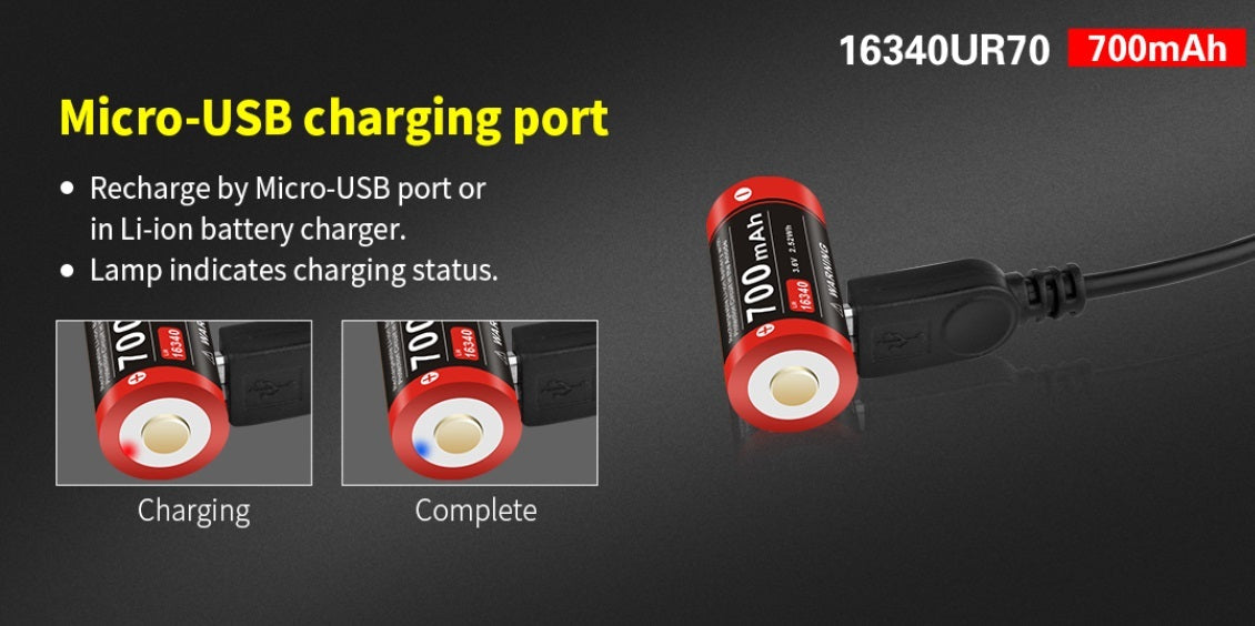 Klarus 700 mAh 16340 Li-ion battery w/ Micro-USB charging port 16340UR70